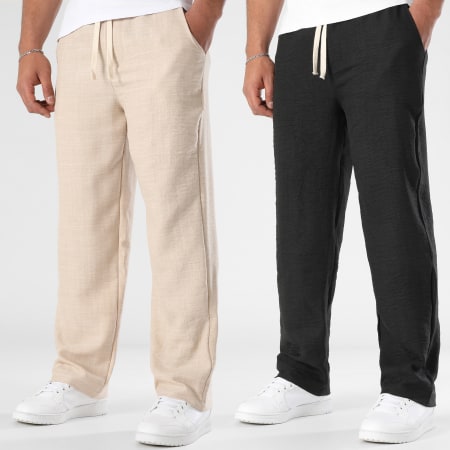 LBO - Lot De 2 Pantalons Larges Effet Lin 2137 Noir Beige